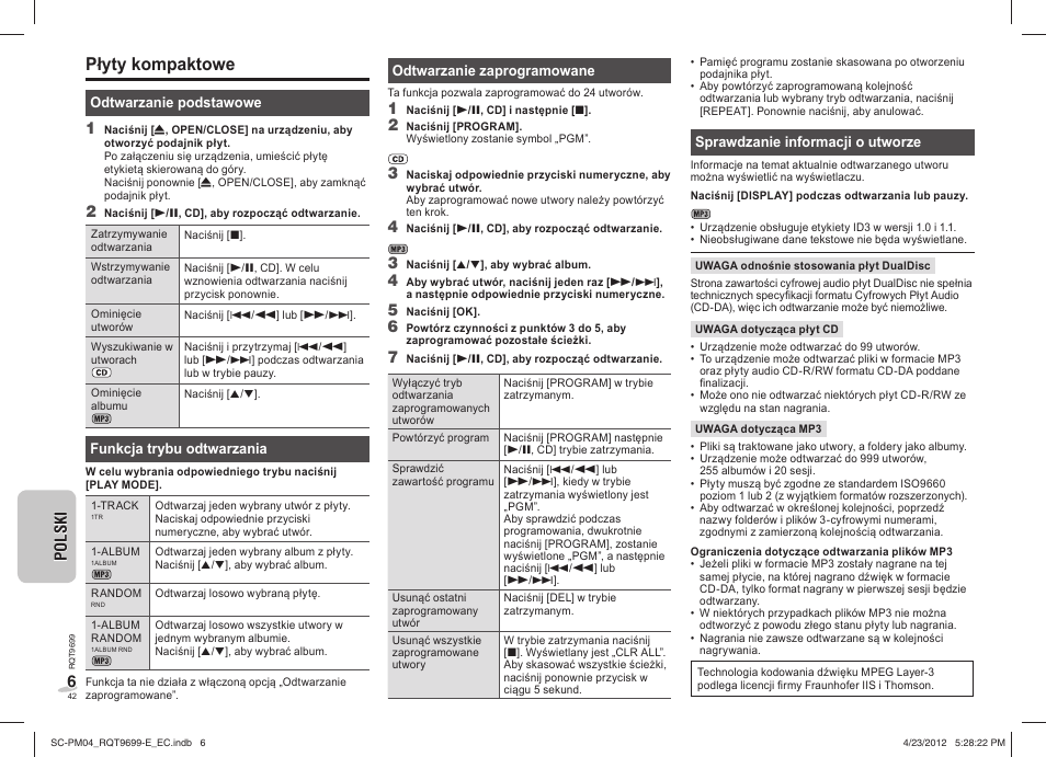 Płyty kompaktowe | Panasonic SCPM04EC User Manual | Page 42 / 56