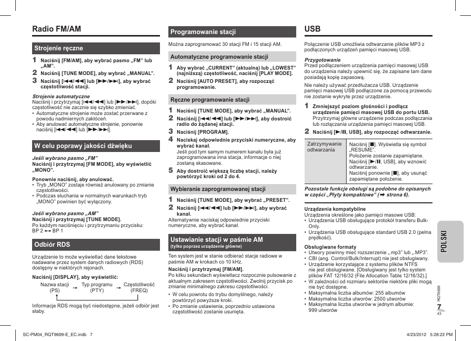 Radio fm/am | Panasonic SCPM04EC User Manual | Page 43 / 56