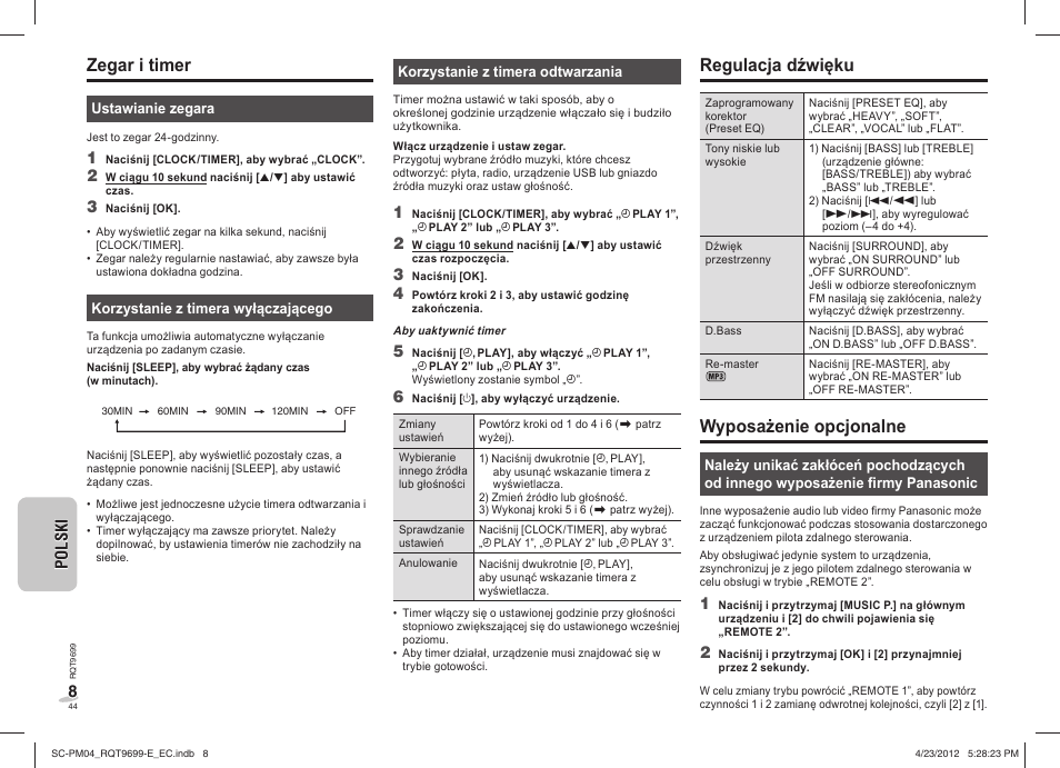 Zegar i timer, Regulacja dźwięku, Wyposażenie opcjonalne | Panasonic SCPM04EC User Manual | Page 44 / 56