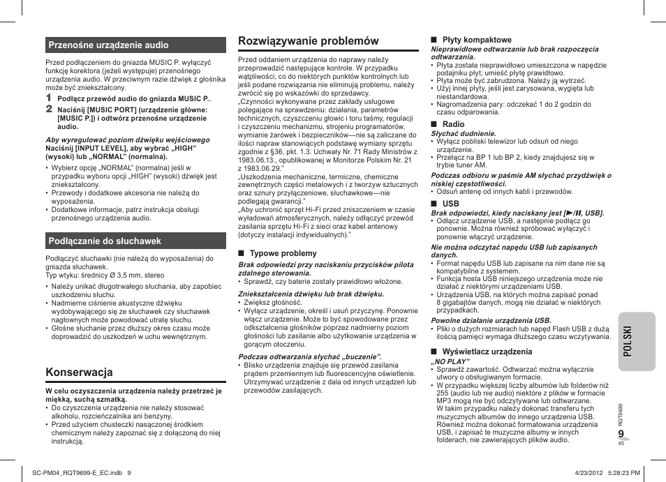 Konserwacja, Rozwiązywanie problemów | Panasonic SCPM04EC User Manual | Page 45 / 56