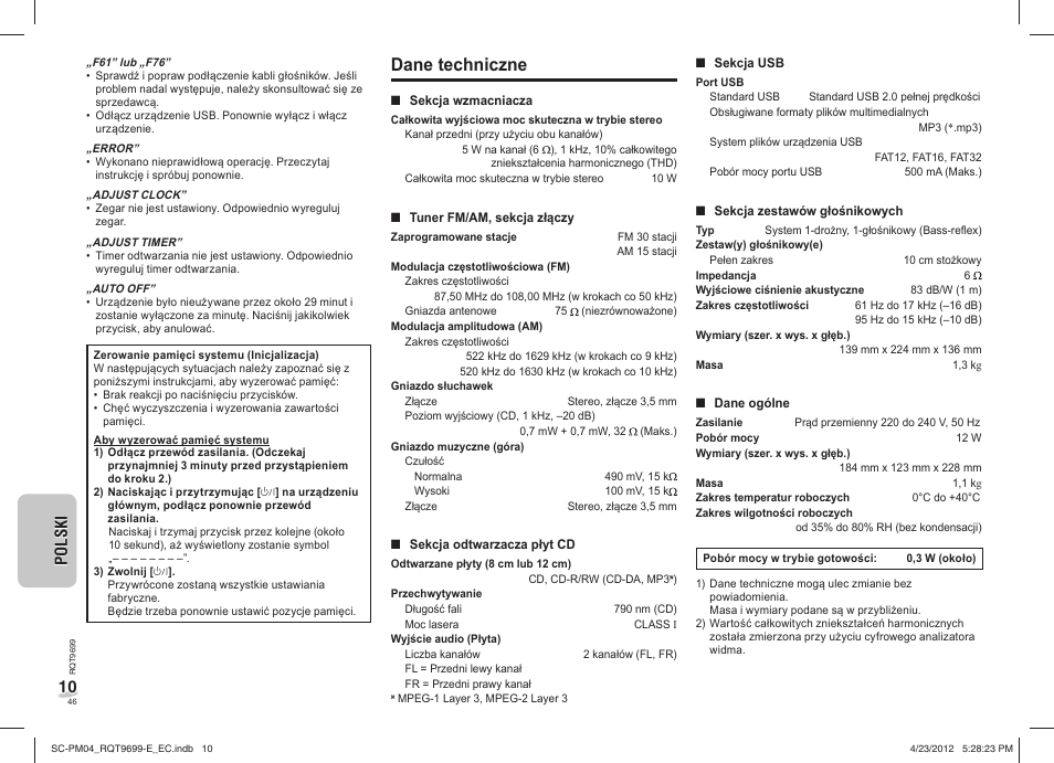 Dane techniczne | Panasonic SCPM04EC User Manual | Page 46 / 56