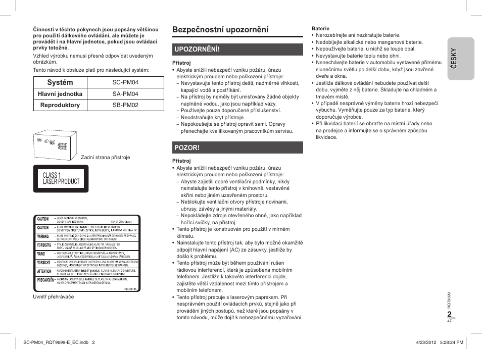 Bezpečnostní upozornění, Systém | Panasonic SCPM04EC User Manual | Page 47 / 56