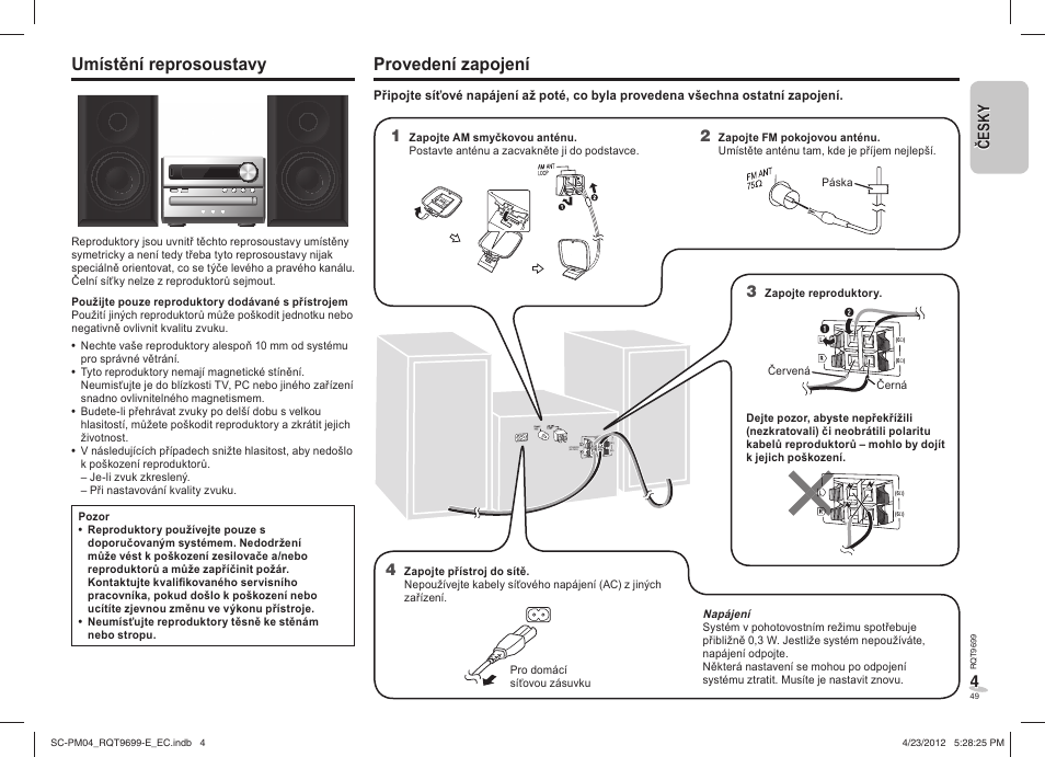 Umístění reprosoustavy, Provedení zapojení | Panasonic SCPM04EC User Manual | Page 49 / 56