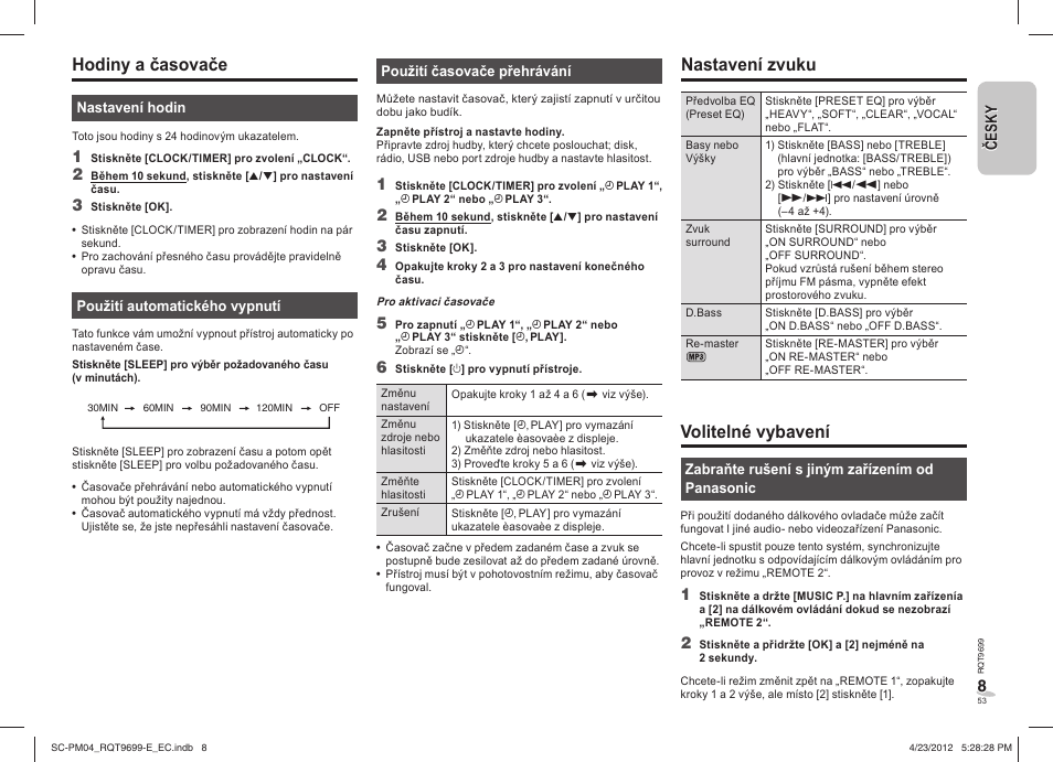 Hodiny a časovače, Nastavení zvuku, Volitelné vybavení | Panasonic SCPM04EC User Manual | Page 53 / 56