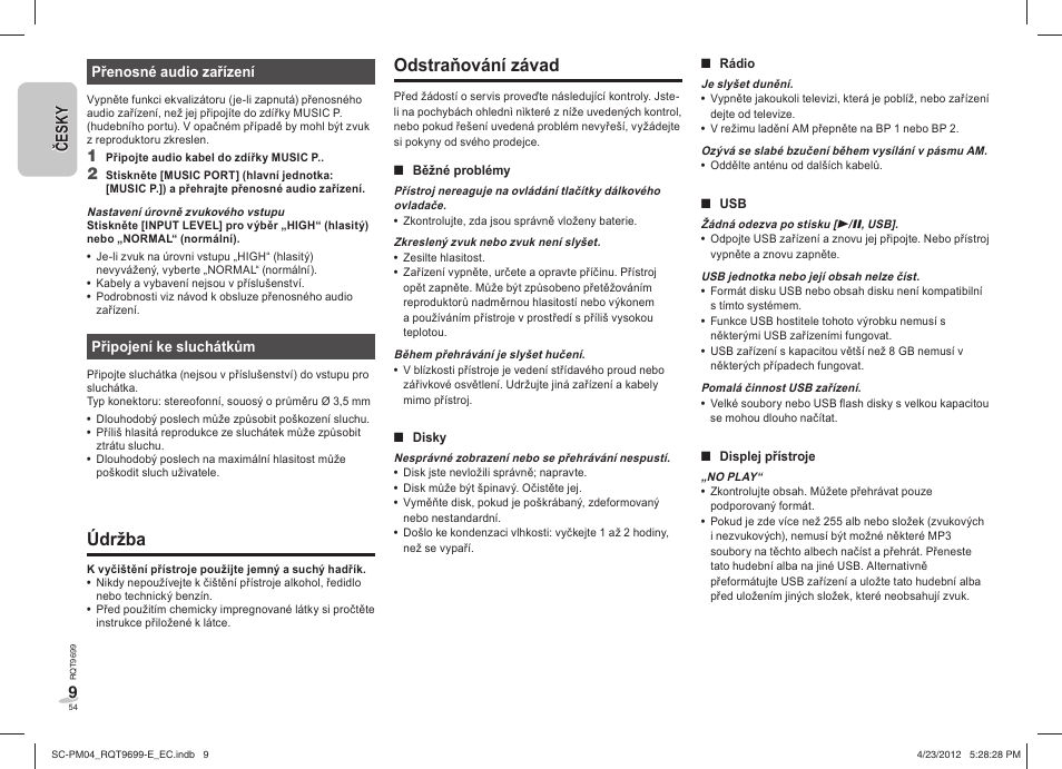 Odstraňování závad, Údržba | Panasonic SCPM04EC User Manual | Page 54 / 56