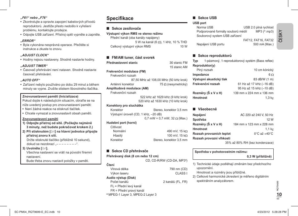 Specifi kace | Panasonic SCPM04EC User Manual | Page 55 / 56