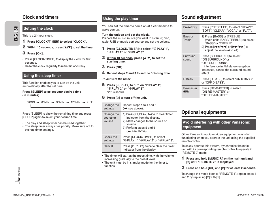 Clock and timers, Sound adjustment, Optional equipments | Panasonic SCPM04EC User Manual | Page 8 / 56