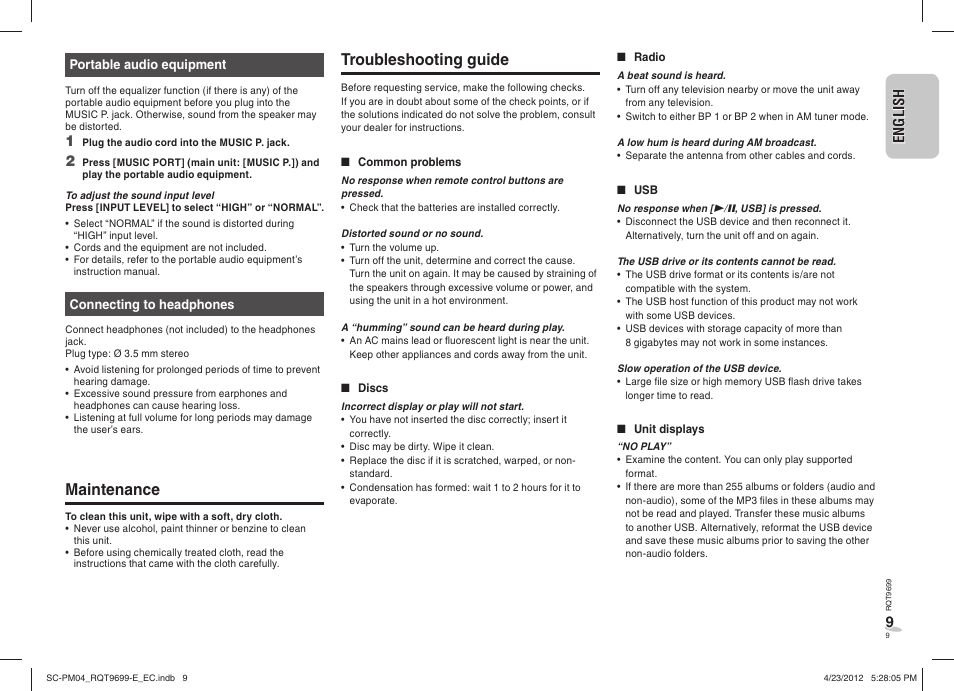 Troubleshooting guide, Maintenance | Panasonic SCPM04EC User Manual | Page 9 / 56