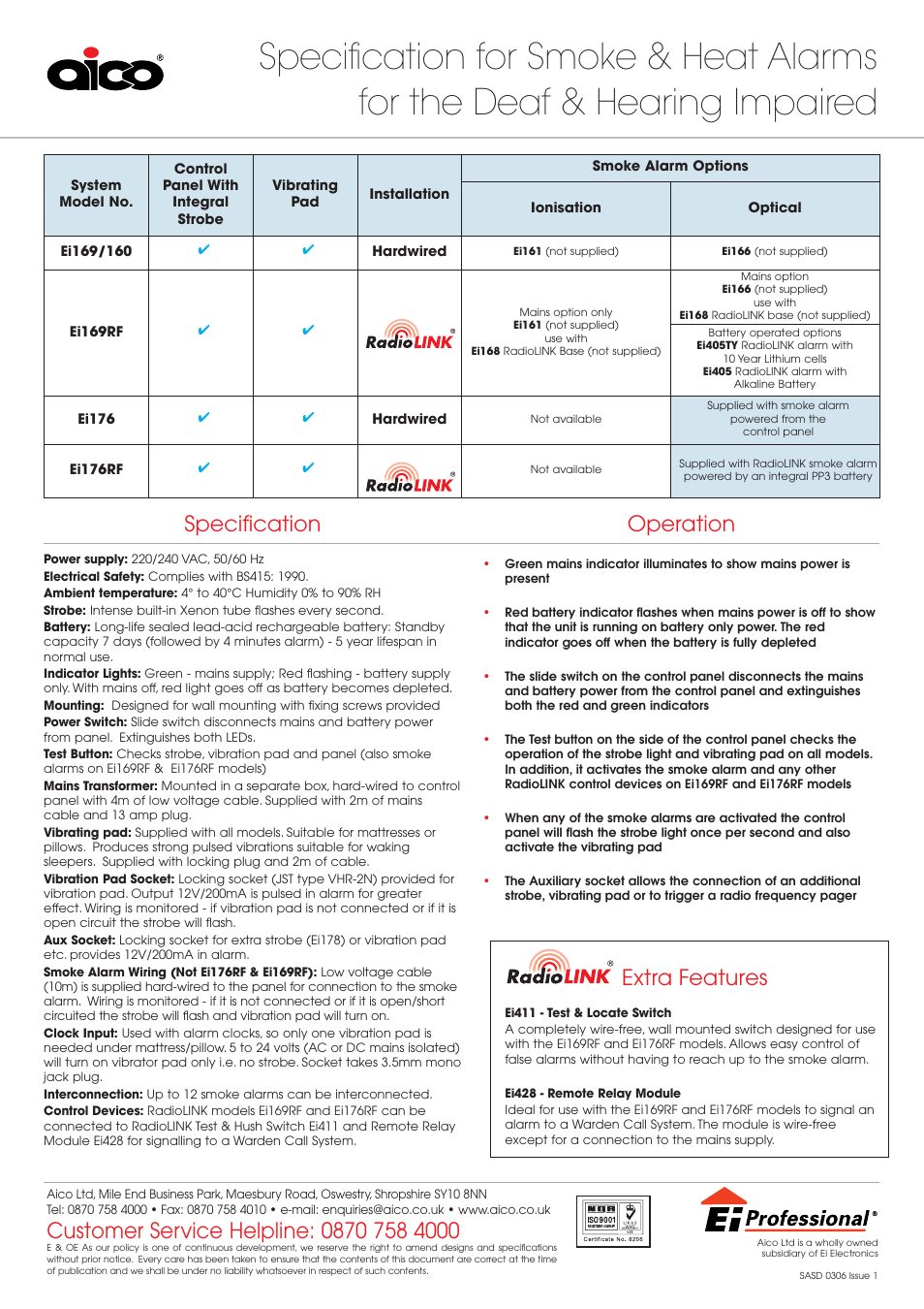 Extra features, Specification operation | Aico Ei169RF User Manual | Page 2 / 2