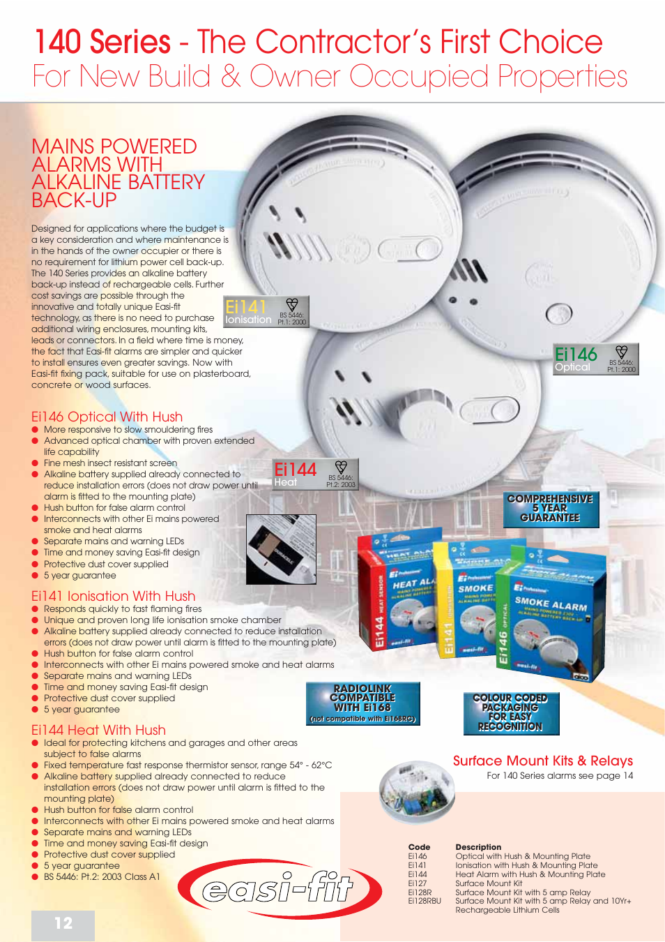 140 series - the contractor’s first choice, For new build & owner occupied properties, Mains powered alarms with alkaline battery back-up | Ei141, Ei146, Ei144, Ei146 optical with hush, Ei141 ionisation with hush, Ei144 heat with hush, Surface mount kits & relays | Aico 160 Series User Manual | Page 12 / 15