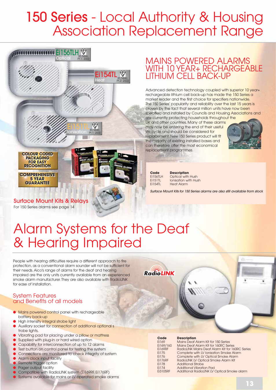 Alarm systems for the deaf & hearing impaired, Ei151tl, Ei156tlh | Ei154tl, System features and benefits of all models, Surface mount kits & relays | Aico 160 Series User Manual | Page 13 / 15