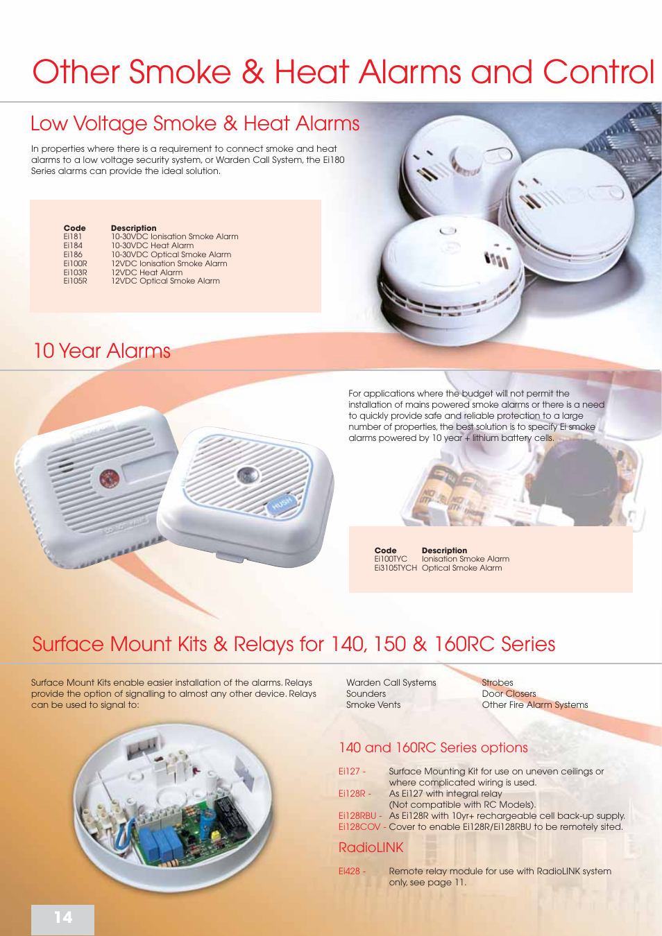 Other smoke & heat alarms and control, Low voltage smoke & heat alarms, 10 year alarms | Radiolink | Aico 160 Series User Manual | Page 14 / 15