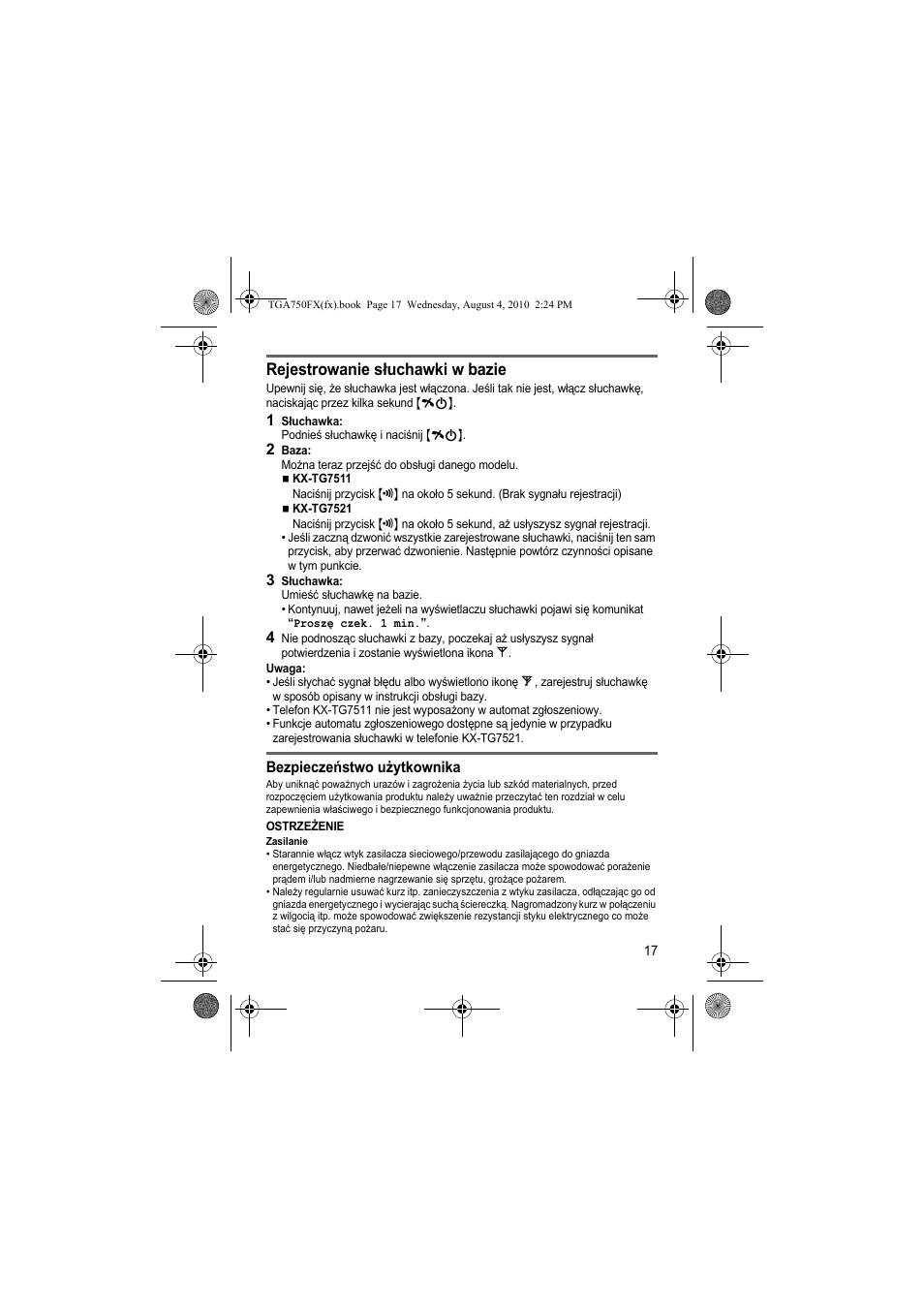 Rejestrowanie słuchawki w bazie | Panasonic KXTGA750FX User Manual | Page 17 / 76