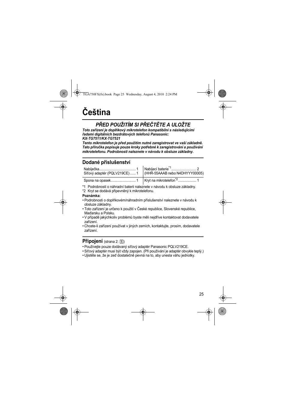 Čeština, Před použitím si přečtěte a uložte, Dodané příslušenství | Připojení | Panasonic KXTGA750FX User Manual | Page 25 / 76