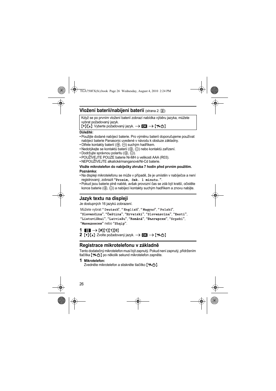 Vložení baterií/nabíjení baterií, Jazyk textu na displeji, Registrace mikrotelefonu v základně | Panasonic KXTGA750FX User Manual | Page 26 / 76