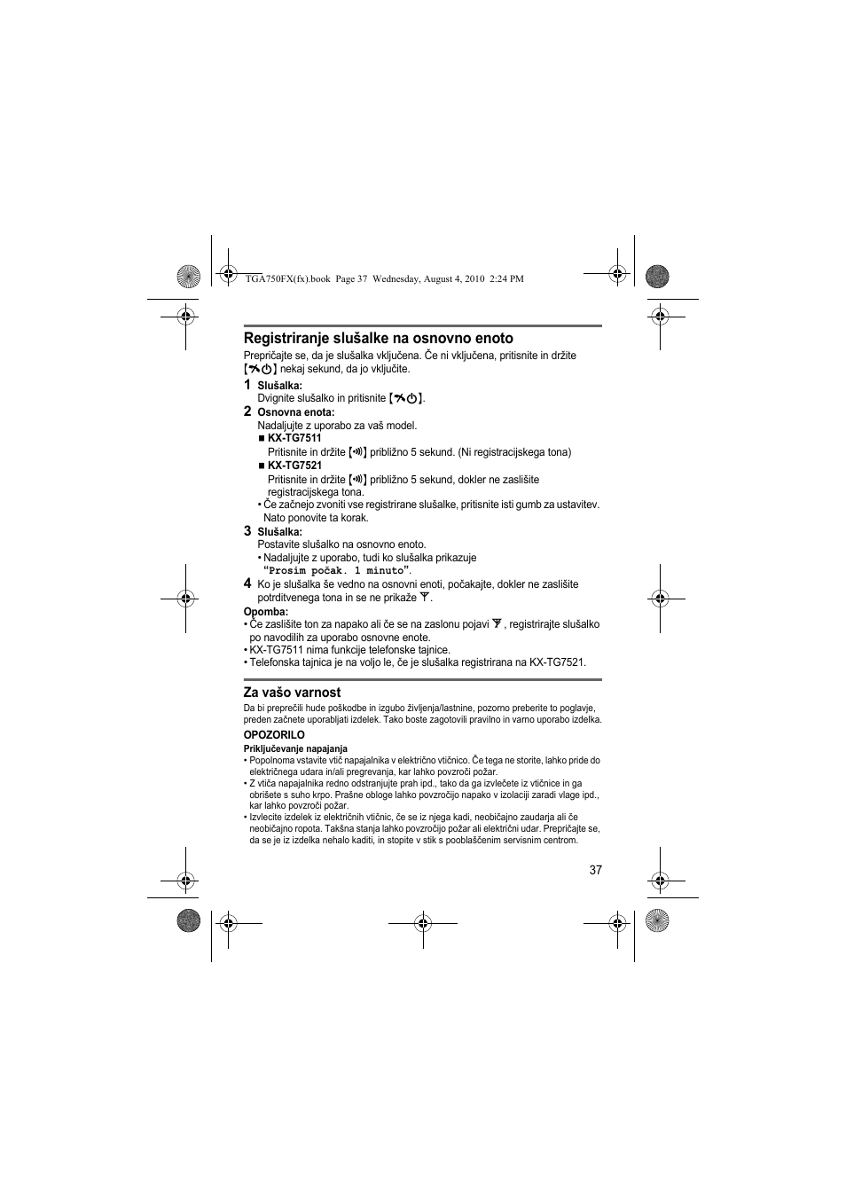 Registriranje slušalke na osnovno enoto | Panasonic KXTGA750FX User Manual | Page 37 / 76