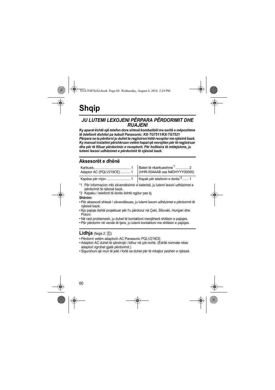 Shqip, Ju lutemi lexojeni përpara përdorimit dhe ruajeni, Aksesorët e dhënë | Lidhja | Panasonic KXTGA750FX User Manual | Page 60 / 76