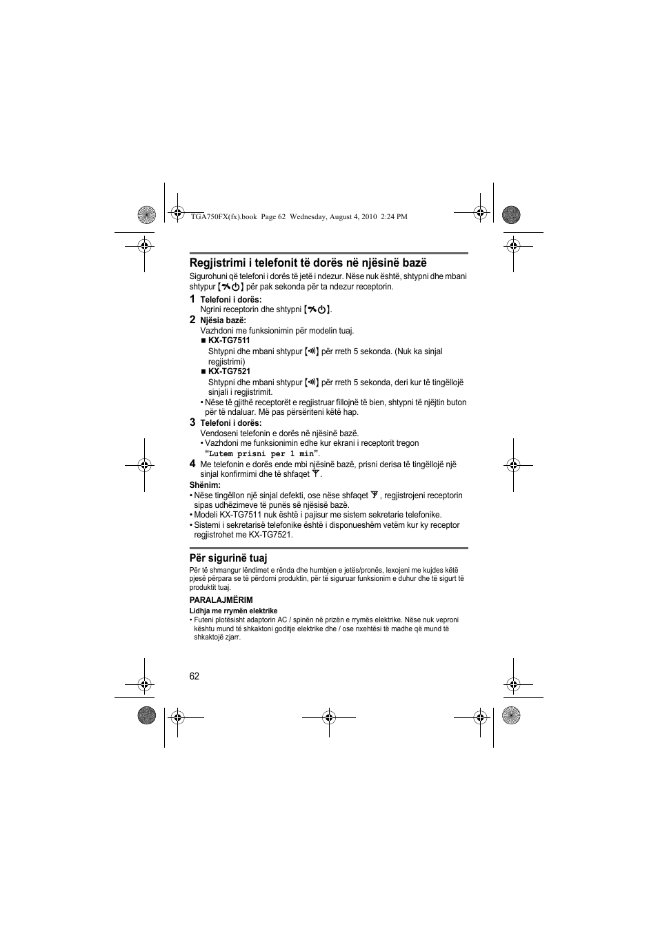 Regjistrimi i telefonit të dorës në njësinë bazë | Panasonic KXTGA750FX User Manual | Page 62 / 76