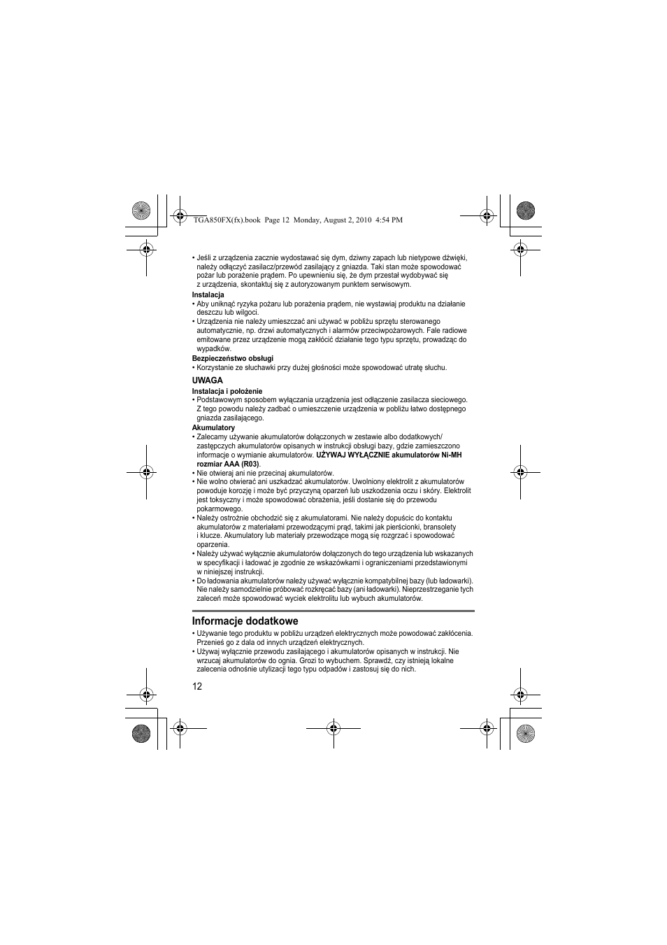 Informacje dodatkowe | Panasonic KXTGA850FX User Manual | Page 12 / 72