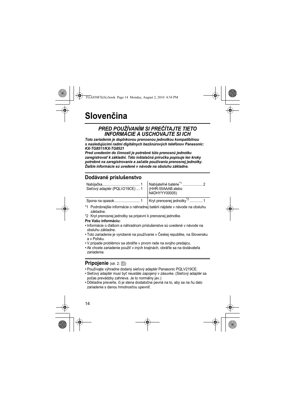 Slovenčina, Dodávané príslušenstvo, Pripojenie | Panasonic KXTGA850FX User Manual | Page 14 / 72
