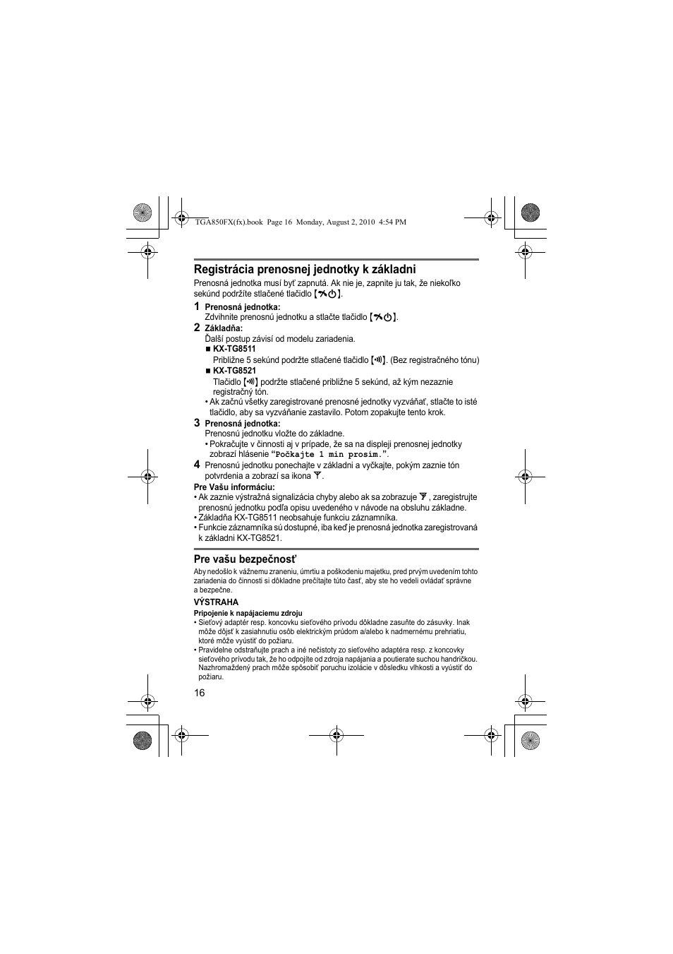 Registrácia prenosnej jednotky k základni | Panasonic KXTGA850FX User Manual | Page 16 / 72