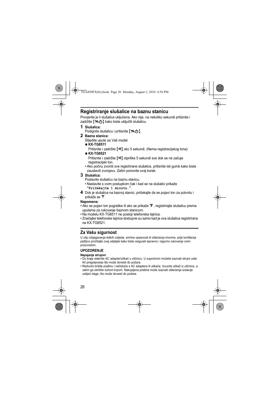 Registriranje slušalice na baznu stanicu | Panasonic KXTGA850FX User Manual | Page 26 / 72
