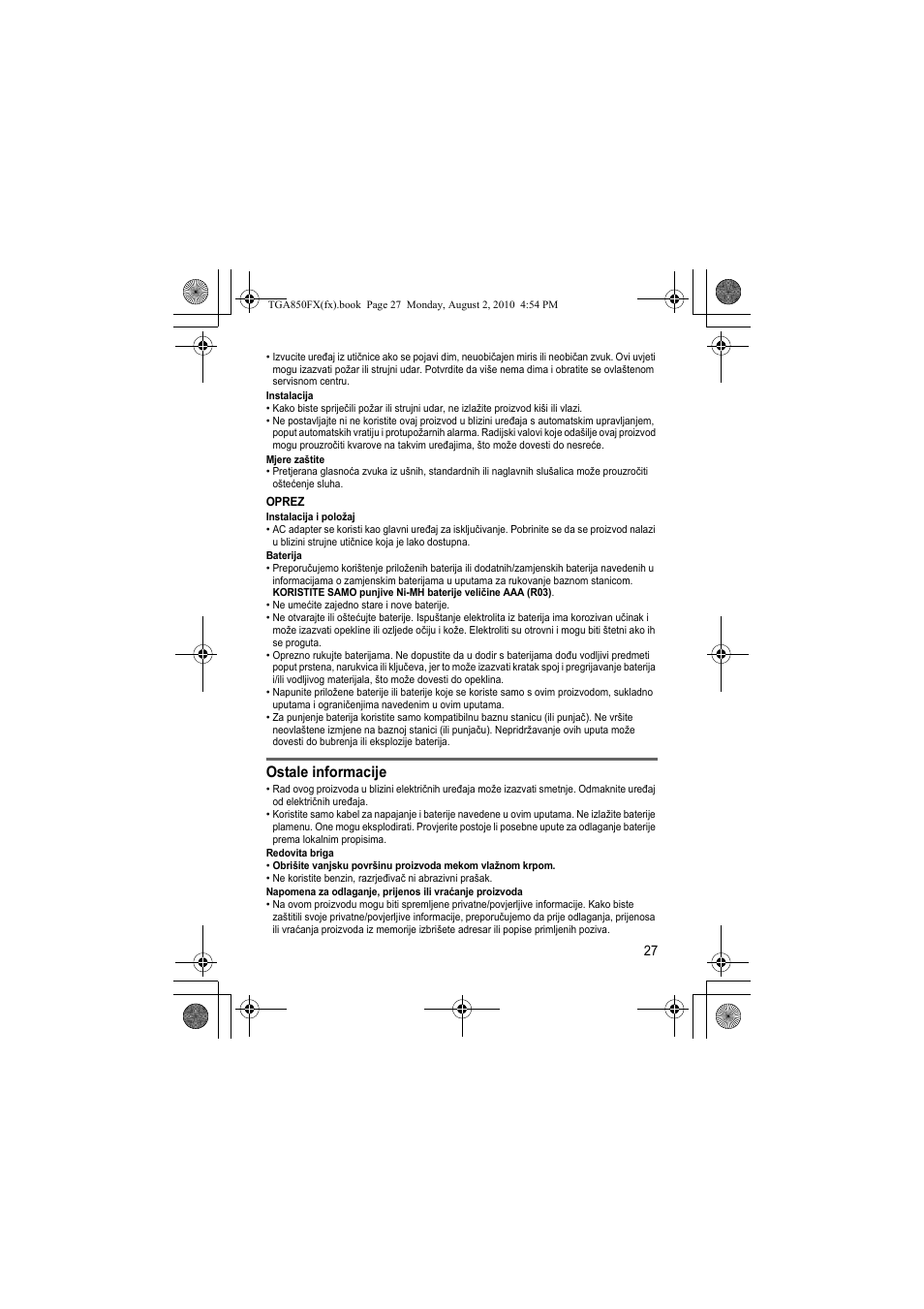 Ostale informacije | Panasonic KXTGA850FX User Manual | Page 27 / 72