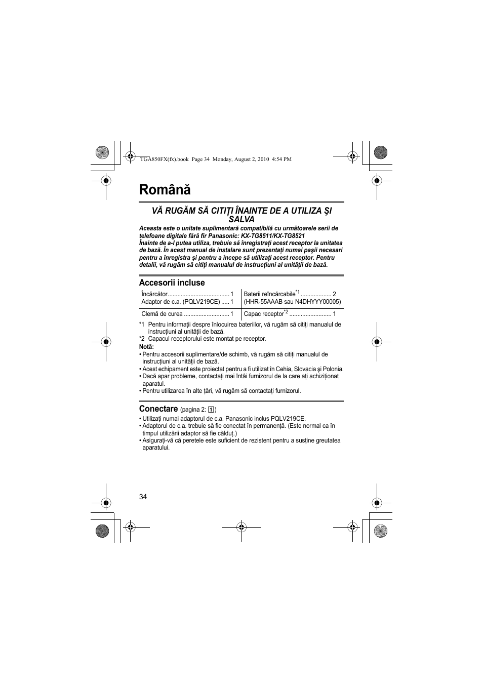 Română, Vă rugăm să citiţi înainte de a utiliza şi salva, Accesorii incluse | Conectare | Panasonic KXTGA850FX User Manual | Page 34 / 72