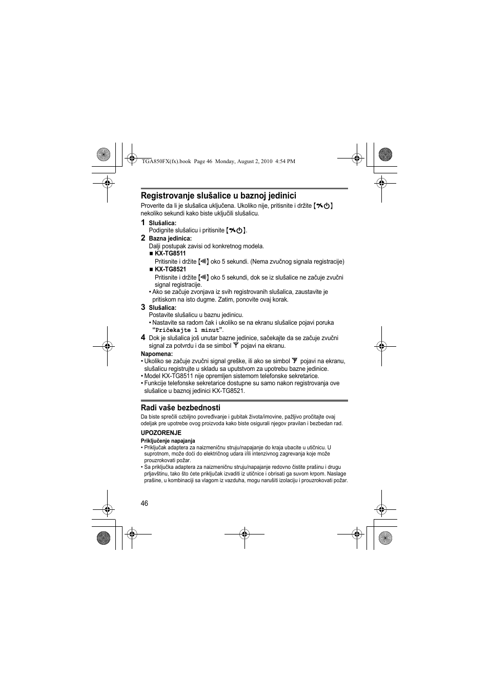Registrovanje slušalice u baznoj jedinici | Panasonic KXTGA850FX User Manual | Page 46 / 72