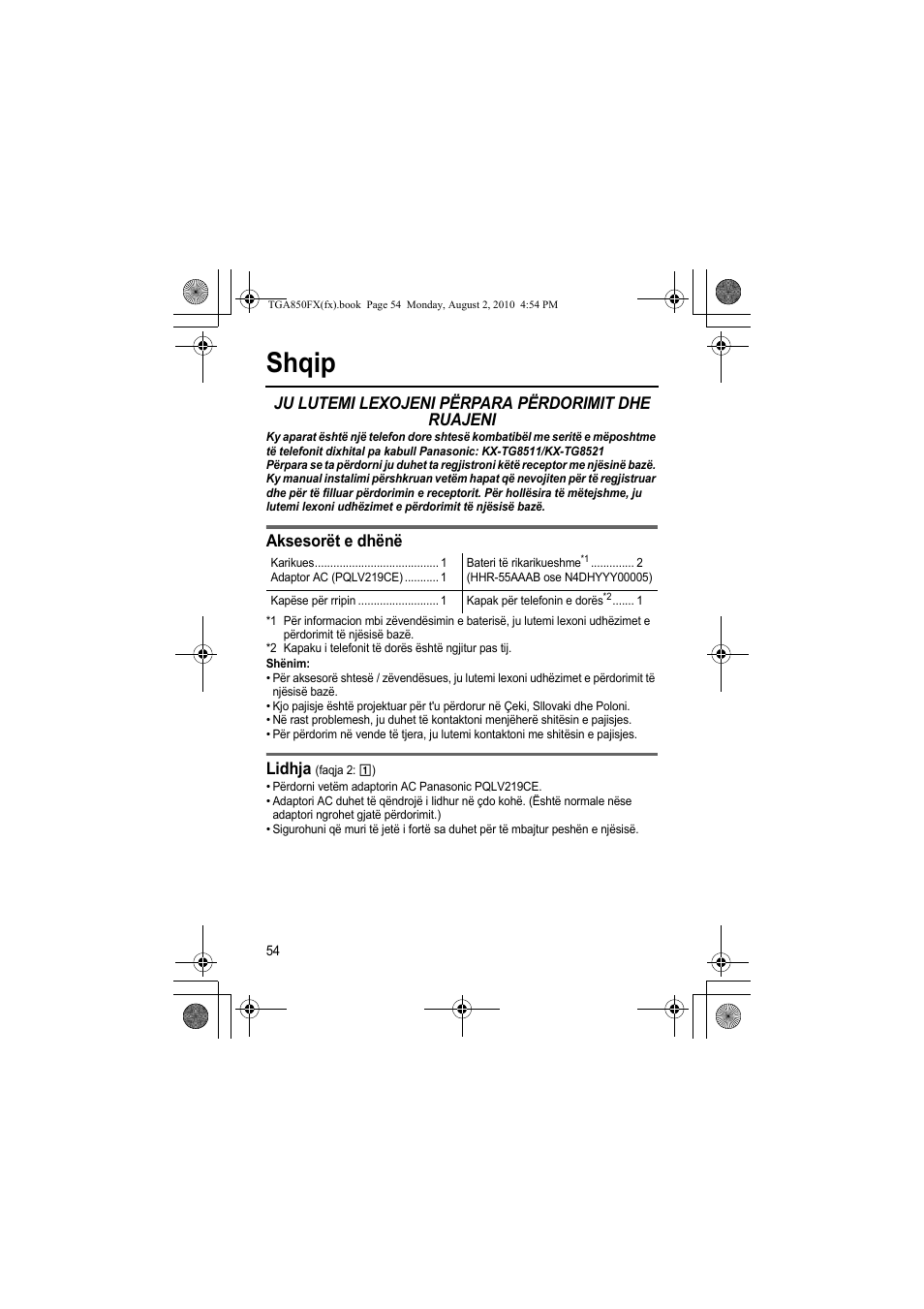Shqip, Ju lutemi lexojeni përpara përdorimit dhe ruajeni, Aksesorët e dhënë | Lidhja | Panasonic KXTGA850FX User Manual | Page 54 / 72