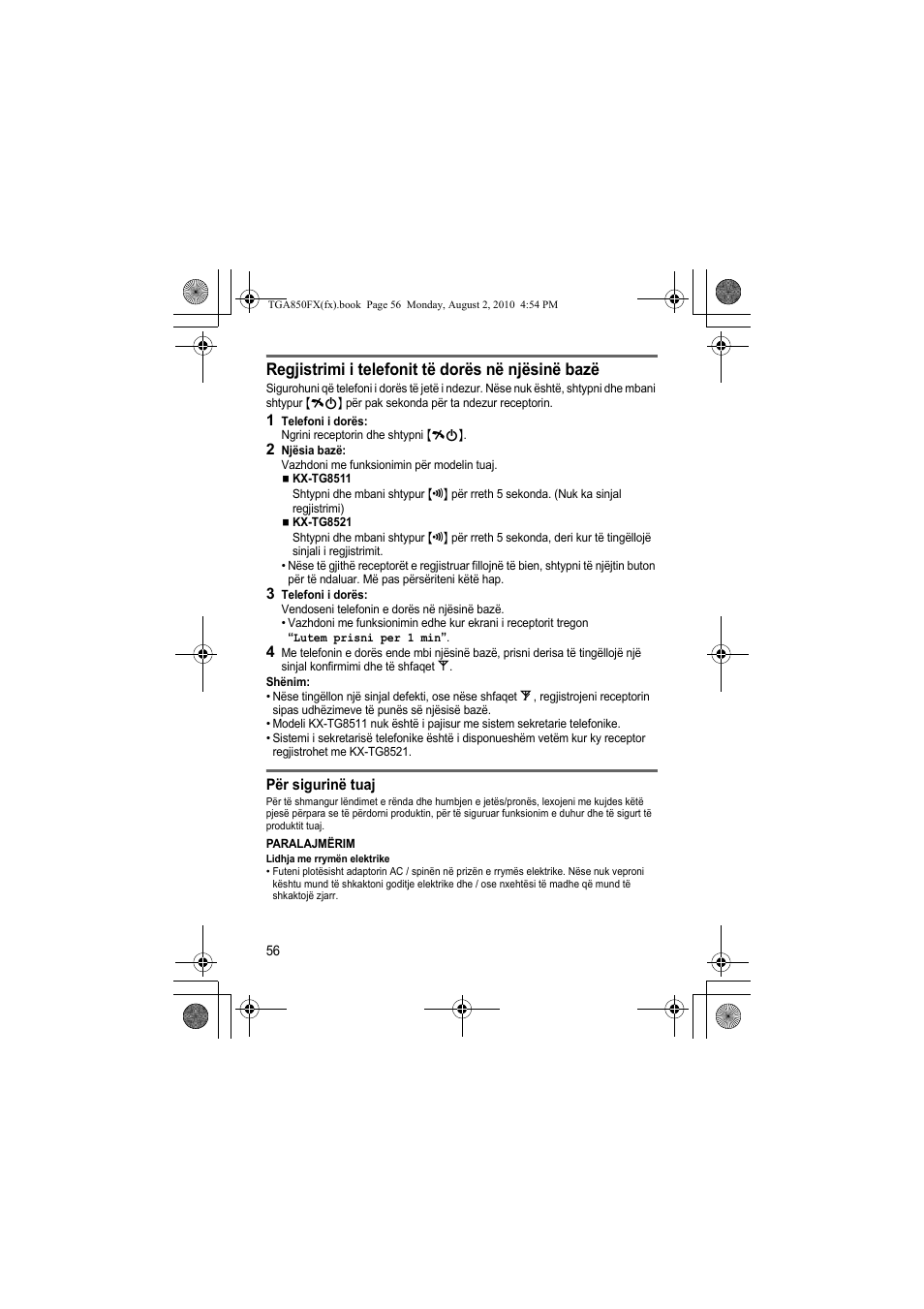 Regjistrimi i telefonit të dorës në njësinë bazë | Panasonic KXTGA850FX User Manual | Page 56 / 72