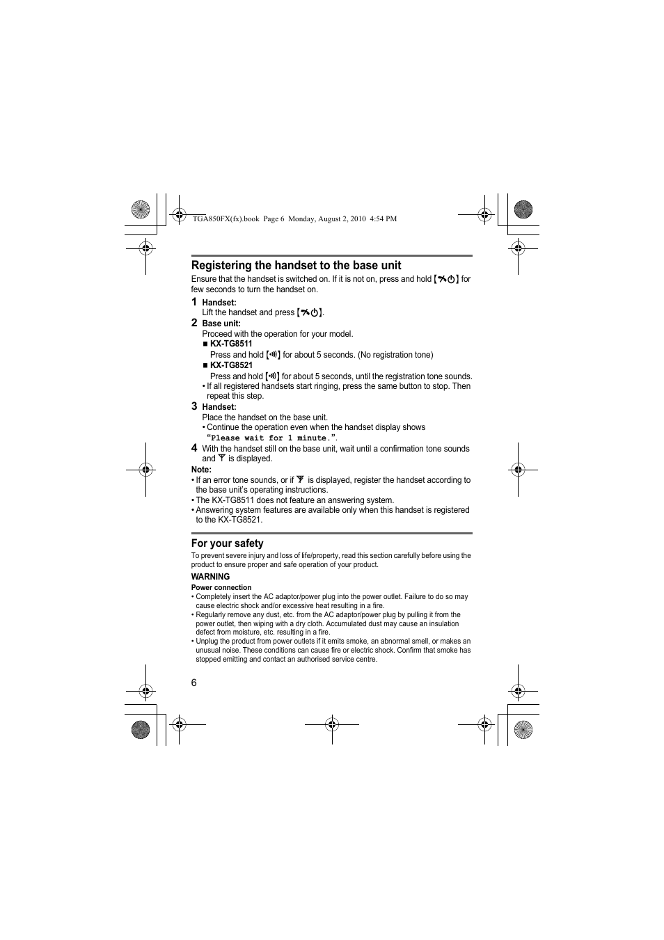 Registering the handset to the base unit | Panasonic KXTGA850FX User Manual | Page 6 / 72