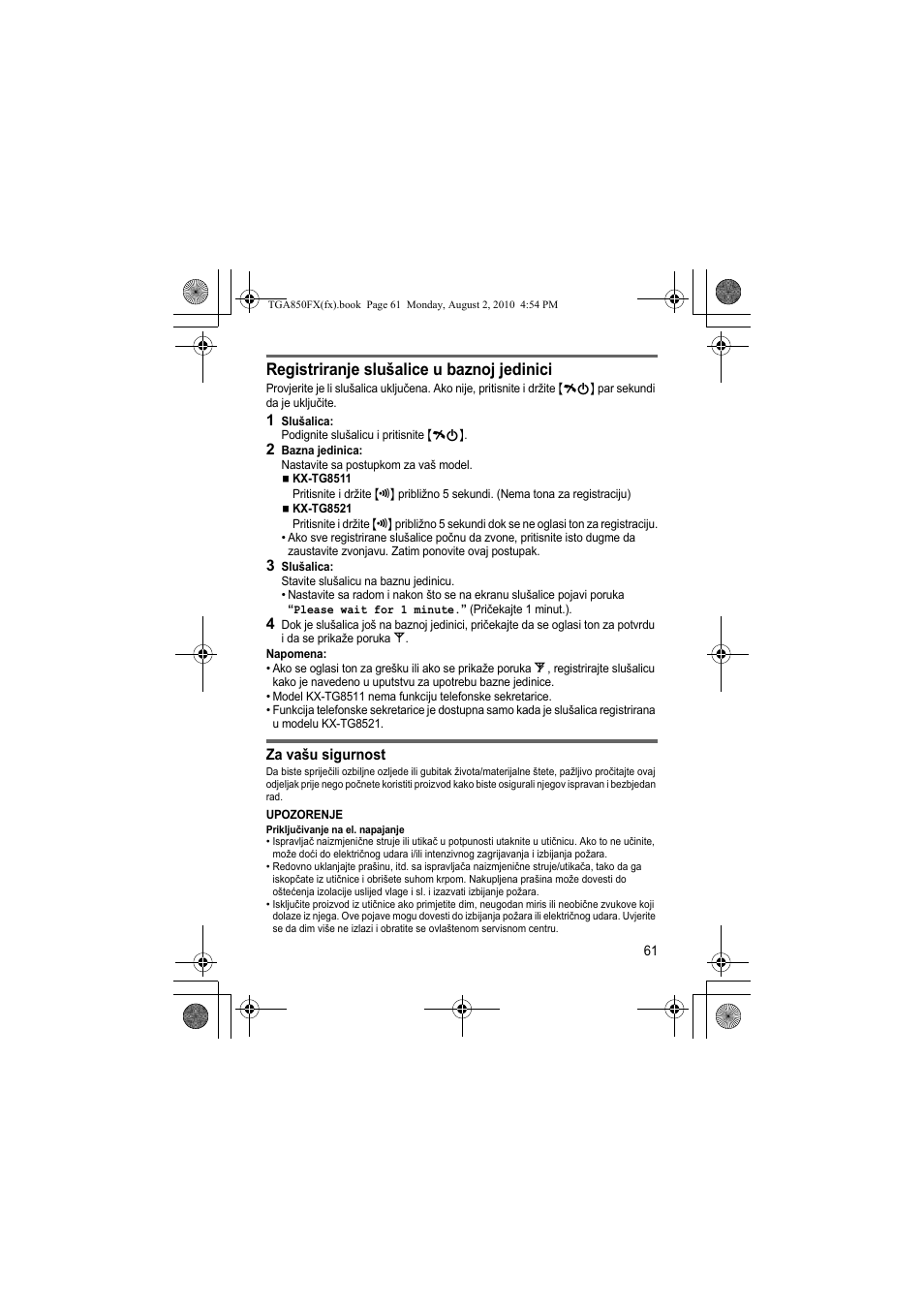 Registriranje slušalice u baznoj jedinici | Panasonic KXTGA850FX User Manual | Page 61 / 72