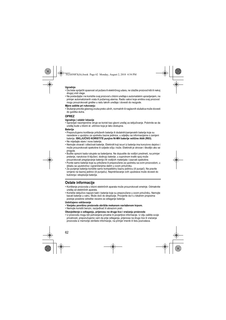 Ostale informacije | Panasonic KXTGA850FX User Manual | Page 62 / 72
