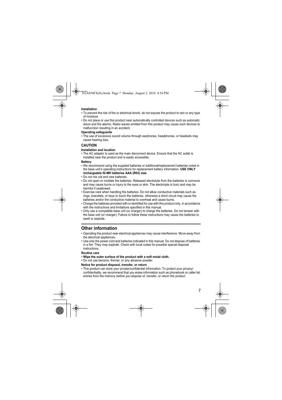 Other information | Panasonic KXTGA850FX User Manual | Page 7 / 72