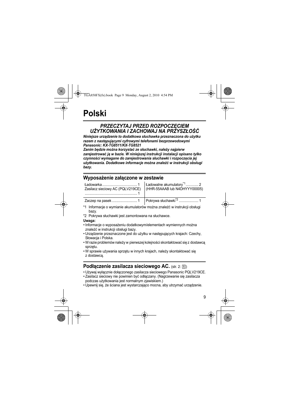 Polski, Wyposażenie załączone w zestawie, Podłączenie zasilacza sieciowego ac | Panasonic KXTGA850FX User Manual | Page 9 / 72