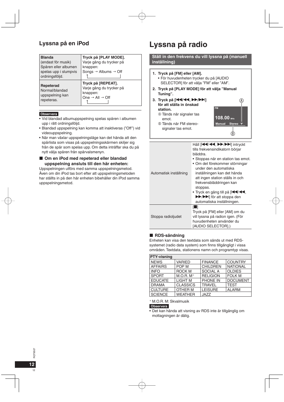 Lyssna på radio, Lyssna på en ipod | Panasonic MW10 User Manual | Page 12 / 100