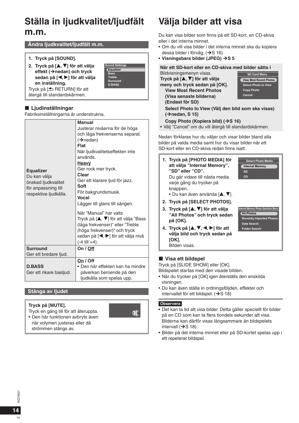 Ställa in ljudkvalitet/ljudfält m.m, Välja bilder att visa | Panasonic MW10 User Manual | Page 14 / 100