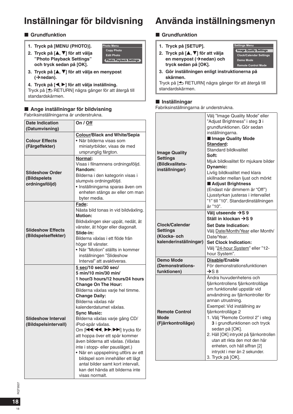 Använda inställningsmenyn, Inställningar för bildvisning | Panasonic MW10 User Manual | Page 18 / 100