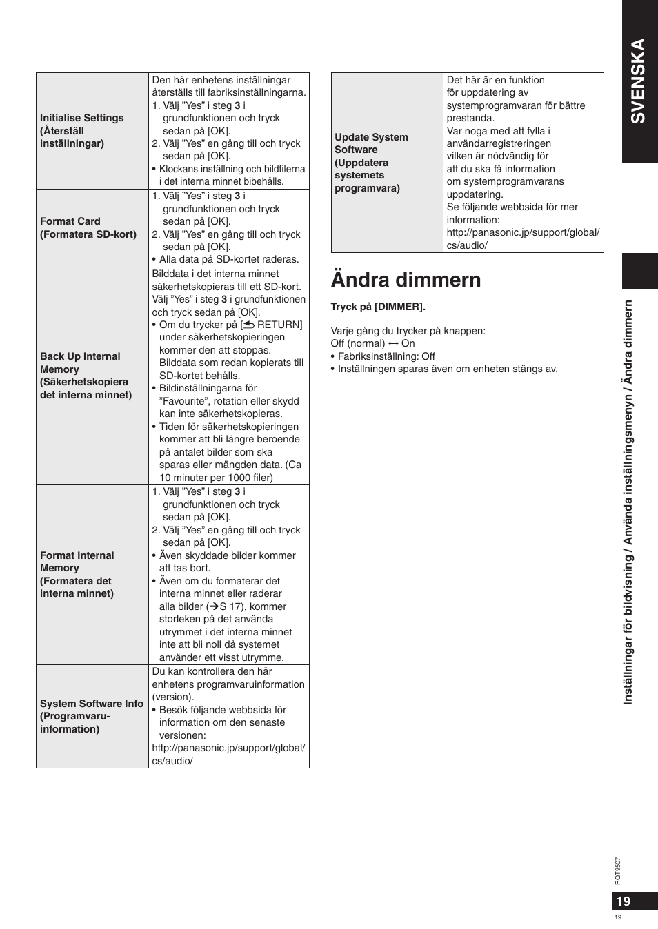 Ändra dimmern, Svenska | Panasonic MW10 User Manual | Page 19 / 100