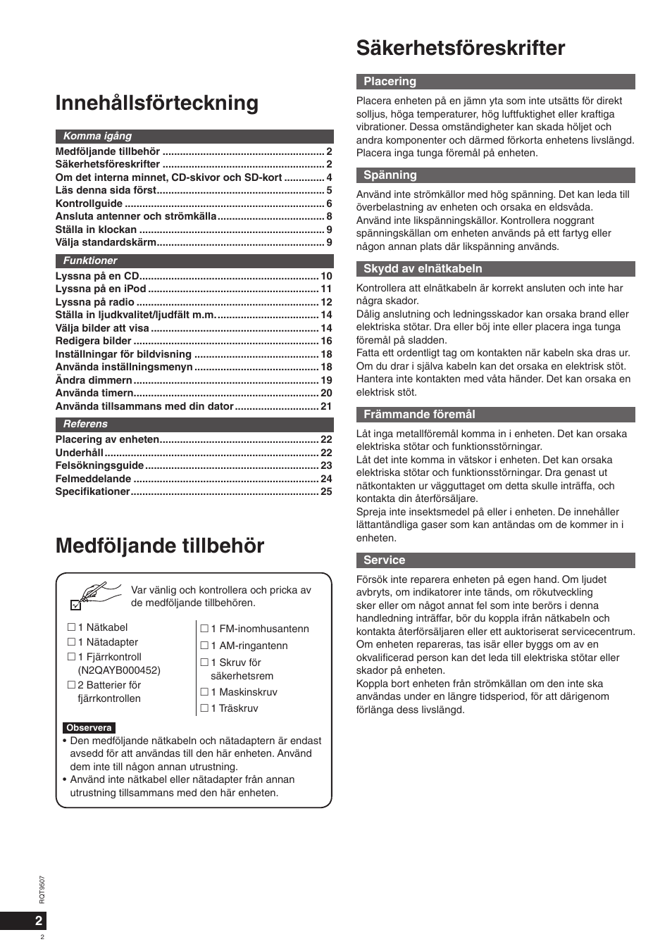 Innehållsförteckning, Medföljande tillbehör säkerhetsföreskrifter | Panasonic MW10 User Manual | Page 2 / 100