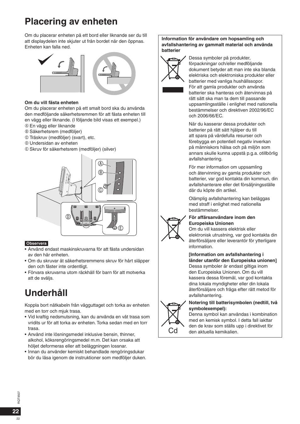Placering av enheten, Underhåll, Ac b e d | Panasonic MW10 User Manual | Page 22 / 100