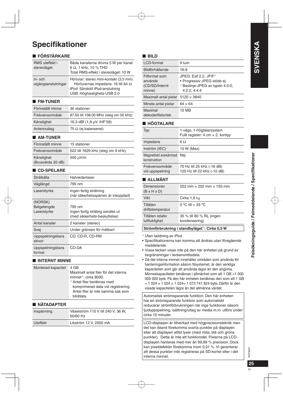 Specifi kationer, Svenska | Panasonic MW10 User Manual | Page 25 / 100
