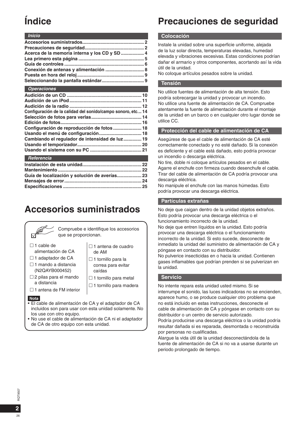 Índice, Precauciones de seguridad, Accesorios suministrados | Panasonic MW10 User Manual | Page 26 / 100