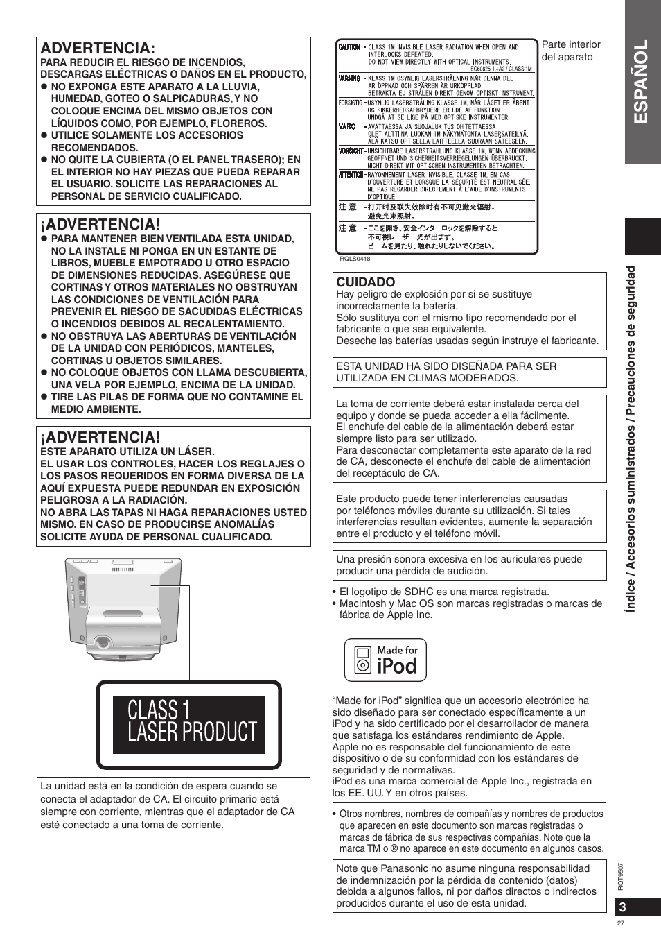 Esp añol, Advertencia, Cuidado | Panasonic MW10 User Manual | Page 27 / 100