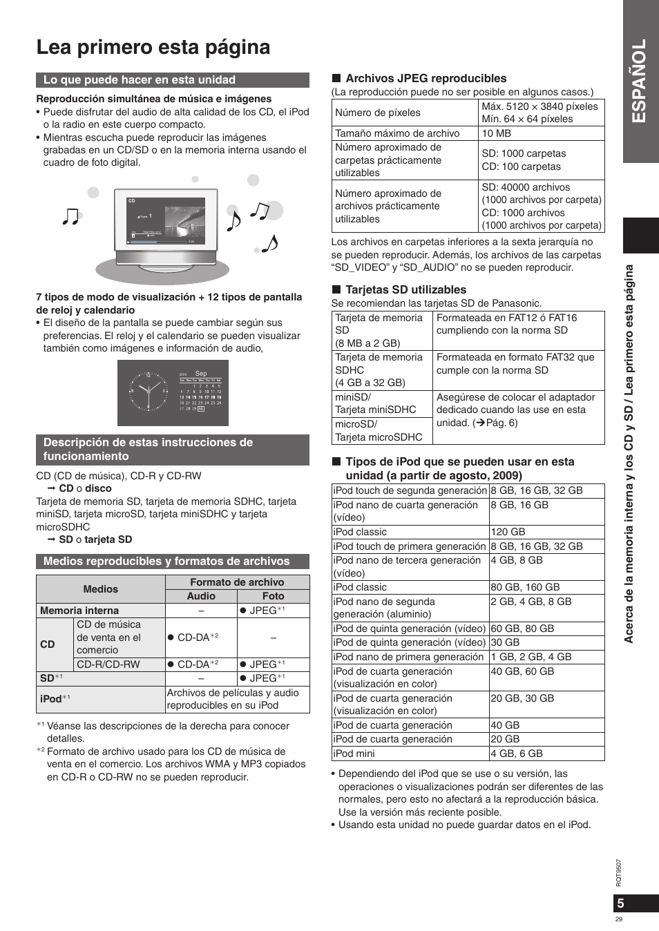 Lea primero esta página, Esp añol | Panasonic MW10 User Manual | Page 29 / 100