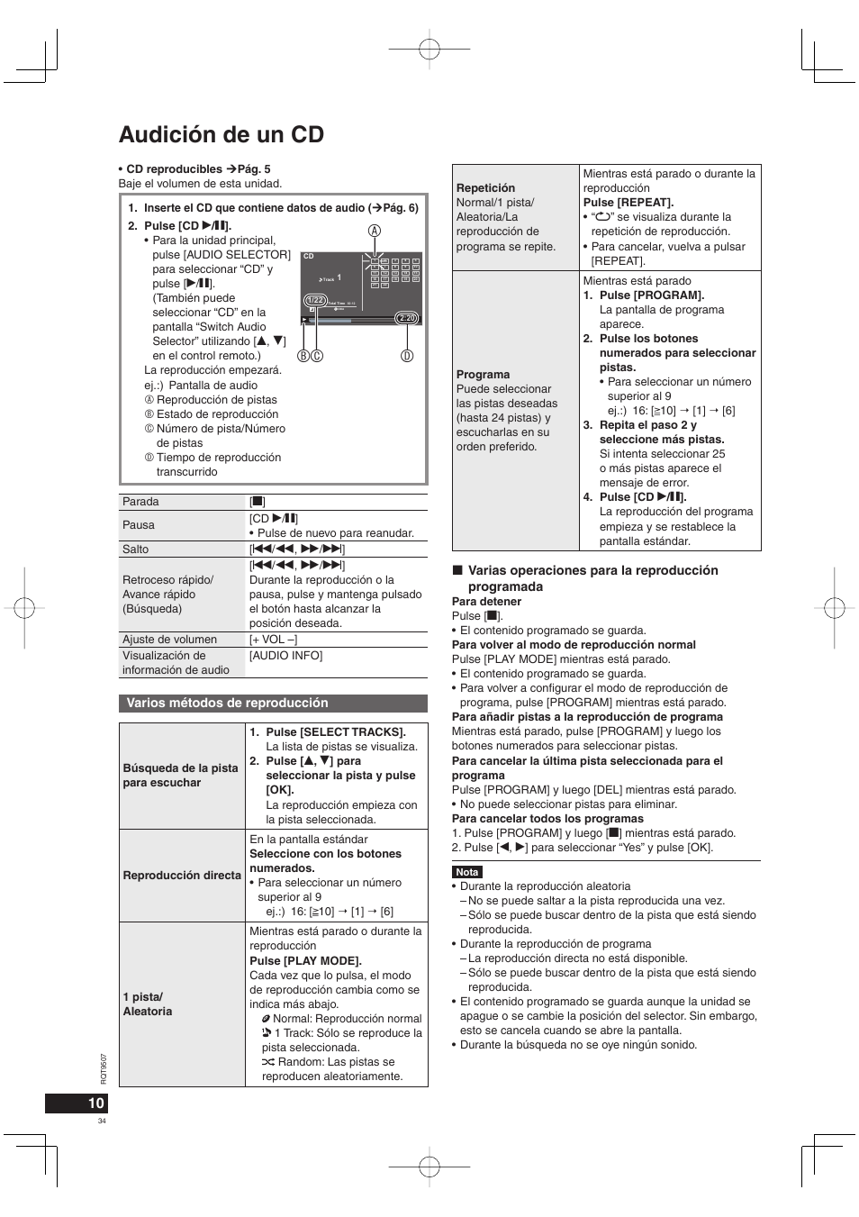 Audición de un cd, Abc d, Varios métodos de reproducción | Varias operaciones para la reproducción programada | Panasonic MW10 User Manual | Page 34 / 100