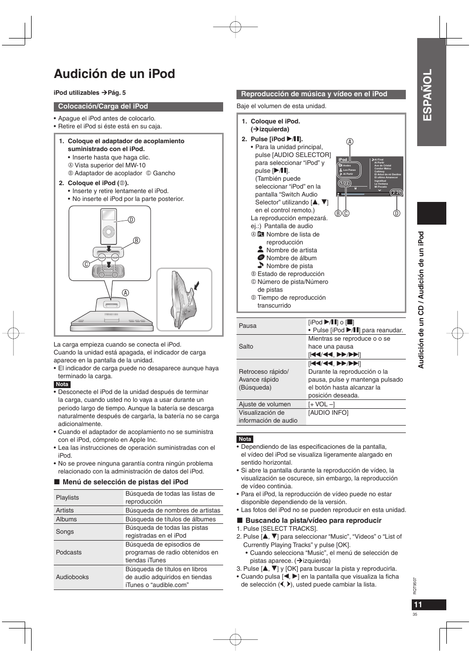 Audición de un ipod, Esp añol, Ab d c | Abc d | Panasonic MW10 User Manual | Page 35 / 100