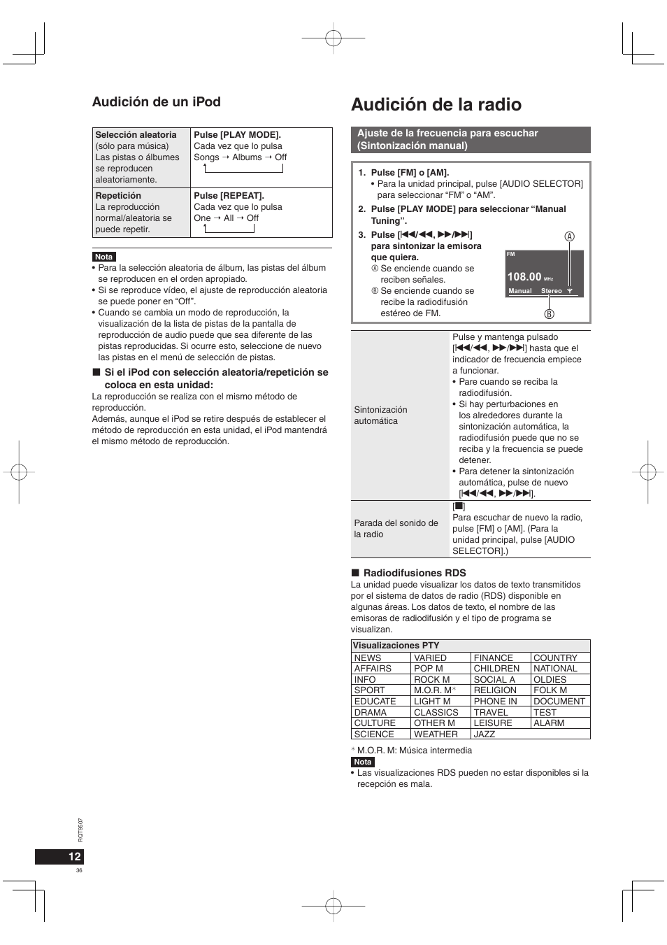 Audición de la radio, Audición de un ipod | Panasonic MW10 User Manual | Page 36 / 100