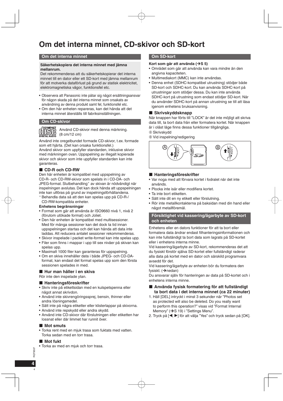 Om det interna minnet, cd-skivor och sd-kort | Panasonic MW10 User Manual | Page 4 / 100